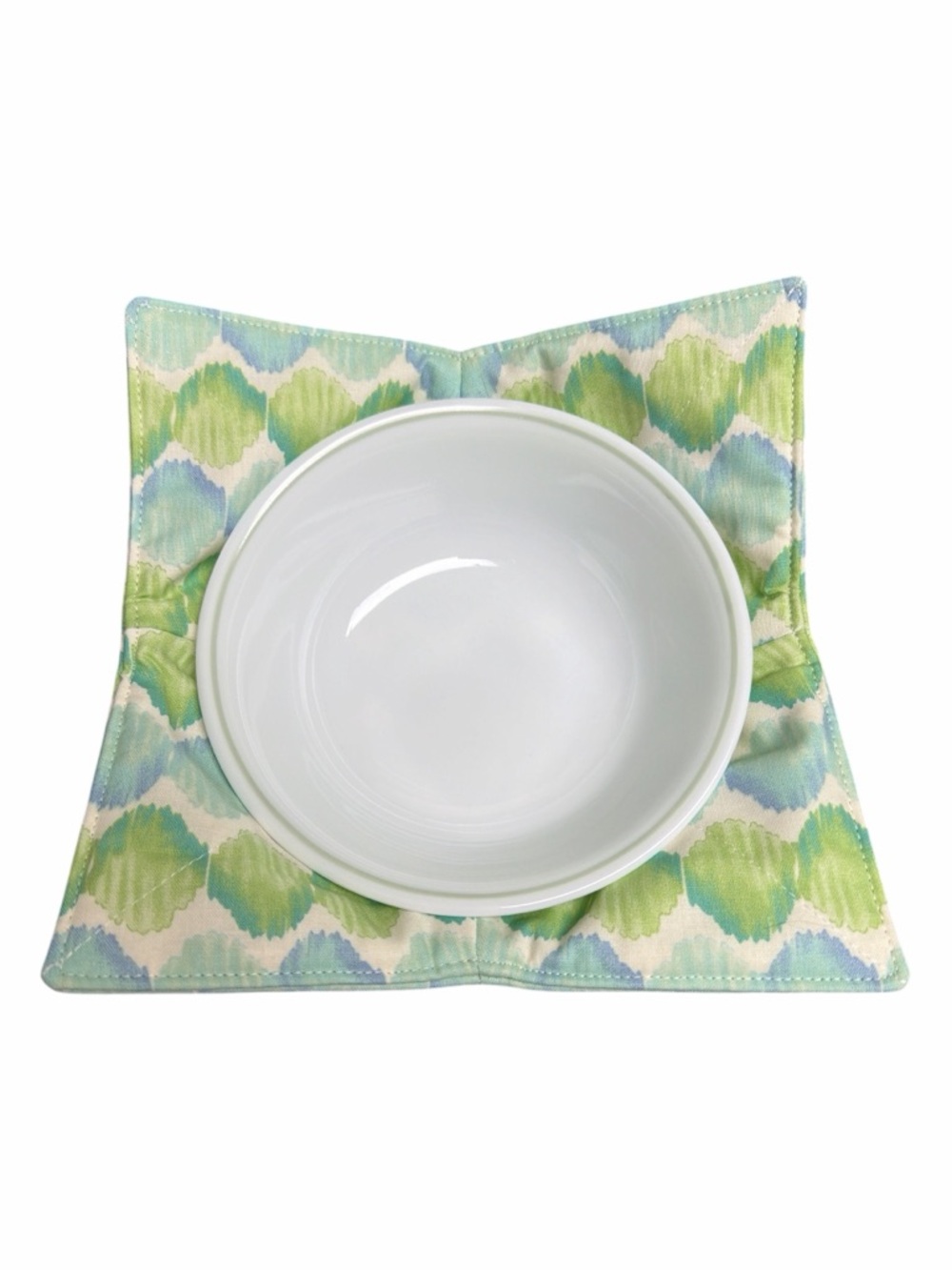 Hand Crafted Bowl Cozy Bowl Holder Microwavable Cotton Padded Green and Blue - Picture 4 of 11